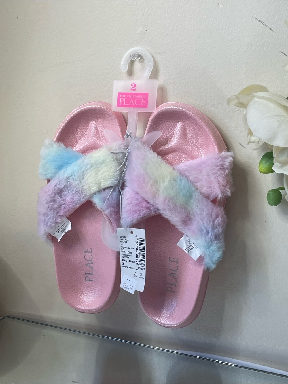 Place Pink Slide Sandals with Pastel Rainbow Faux-Fur Straps@